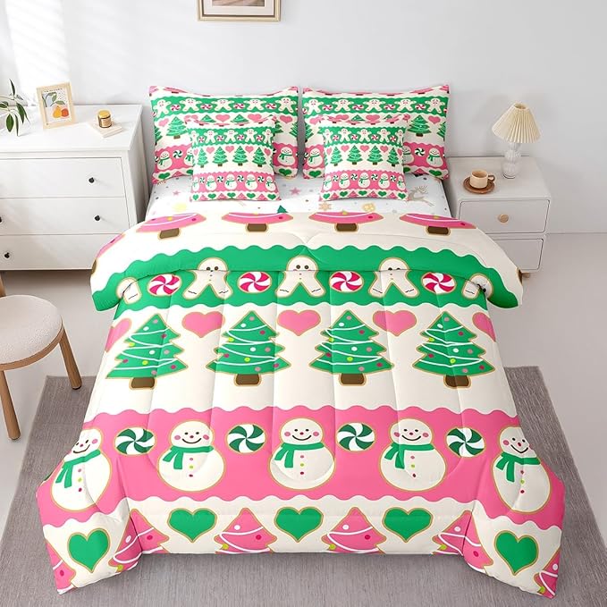 Feelyou Christmas Tree Bedding Set for Kids Boys Girls Cute Cartoon Gingerbread Man Bed in a Bag Snowman Bedding Set Decor Kawaii Xmas Theme Bed Set 7Pcs King Size