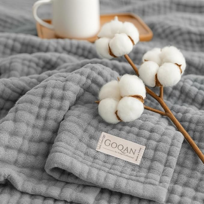 Goqan Muslin Blanket King Size 90x108 – 100% Cotton 4 Layer Boho Muslin Blanket for Adults, Lightweight, Soft, Breathable for Bed, Couch - Light Grey