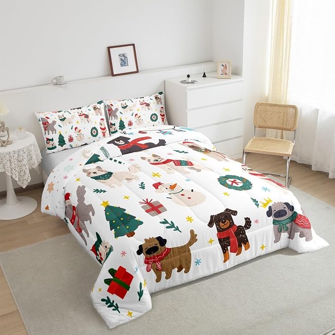 Erosebridal Merry Christmas Quilt Toddler Size Cartoon Dog Comforter Set for Teens Kids Boys Xmas Tree Snowman Bedding Set Cute Pug Puppy Animal Duvet Insert with 1 Pillow Case