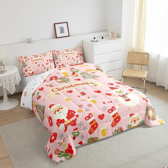 Feelyou Christmas Bedding Set for Kids Boys Girls King Size Cute Santa Claus Comforter Set Ultra Soft Comforter Xmas Tree Duvet Quilt Bedroom Decor Christmas Decor Quilt