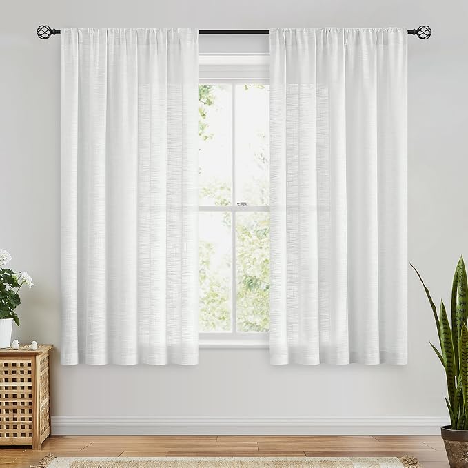 FMFUNCTEX Linen Semi Sheer Curtains 54 Inch Length for Bedroom Living Room, White Curtain Panels Sheer Linen Textured Window Drapes Farmhouse Light Filtering Natural 2 Panels Rod Pocket