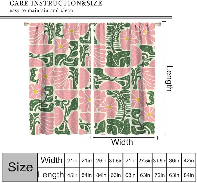 70s Flowers Curtains,Retro Geometric Boho Vintage Botanical Green Pink Flower Curtain for Bedroom Living Room Bathroom Window Curtains,70s Mid Century Flowers Window Treatments 42" W X 54" L