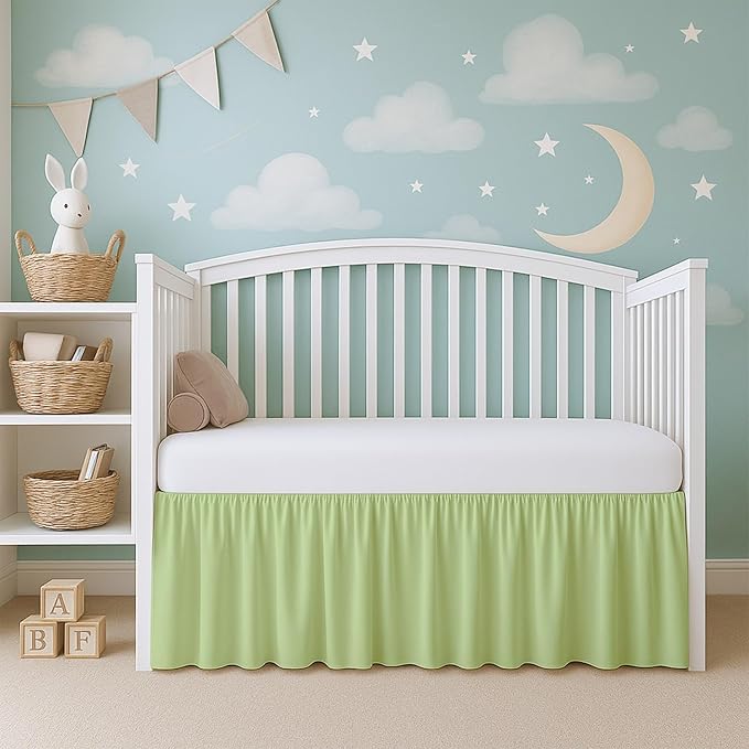 Cottington Lane Sage Infrant Crib Bed Skirt Dust Ruffle with Split Corner, 100% Natural Cotton Nursery Crib Toddler Bedding Skirt for Baby Girls or Boy, Fits Standard Cribs 28" x 52" with 14" Drop