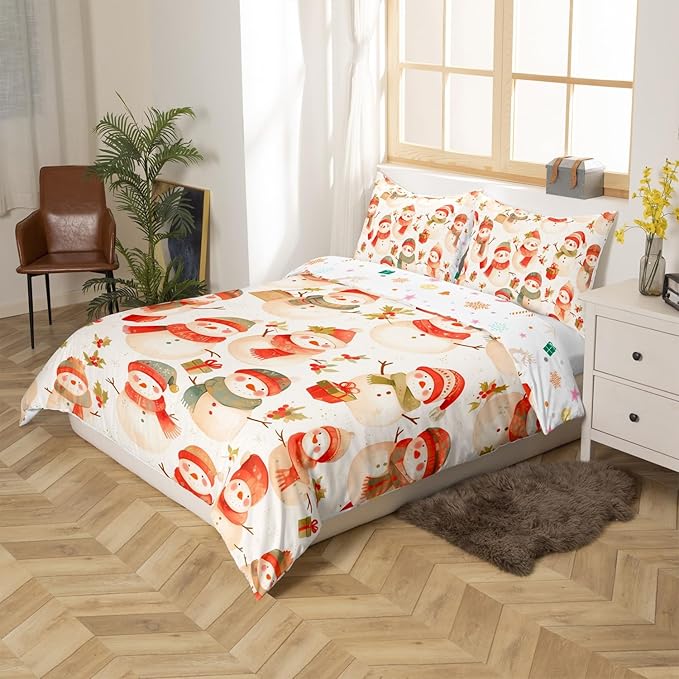 Manfei Cute Snowman Duvet Cover Set Twin Size, Christmas Theme Bedding Set for Kids Kids Girls Room Decor, Western New Year Comforter Cover, Lightweight Bedspread Cover, 1 Pillowcase, No Comforter