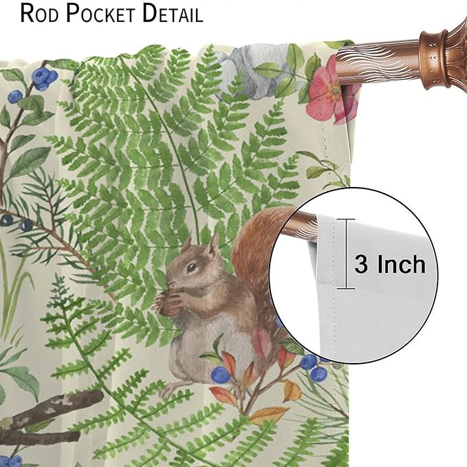 Forest Animal Curtains, Kids Rustic Wild Animal Window Treatments Watercolor Cute Woodland Fox Hedgehog Window Drapes for Nursery Toddler Bedroom 63x63in