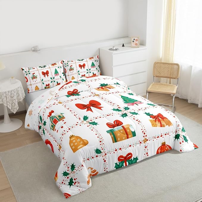 Feelyou Christmas Decor Kids Comforter Set Twin Size Red Bowknot Bedding Set New Year Gift Duvet Quilt for Kids Boys Girls Bedroom Happy New Year Decor Microfiber Ultra Soft Breathable