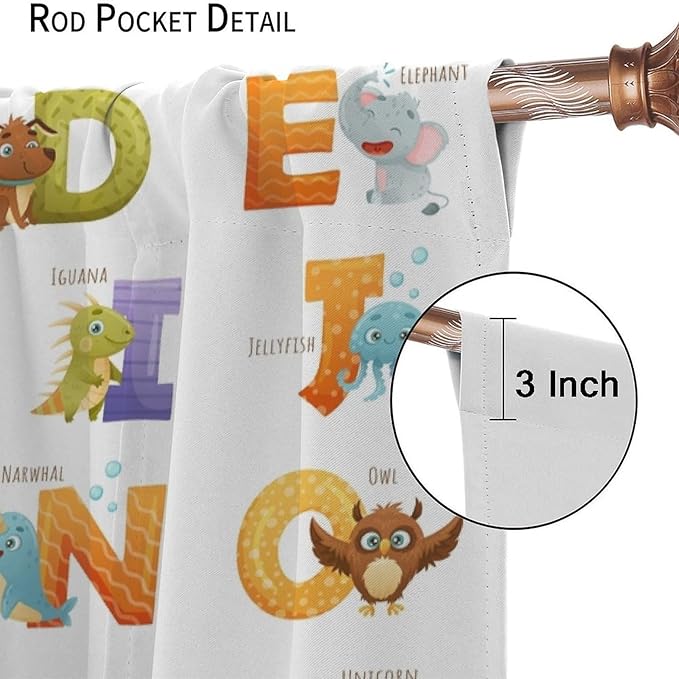 Kids Alphabet Curtains Educational Baby Cartoon Animals Colorful Cute Curtain with Rod Pocket for Nursery Living Room Home Decor Drapes Window Treatments 2 Panels Set 84x84in