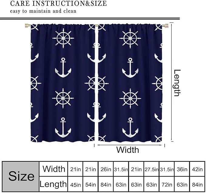 Nautical Rudder Curtains,MarineThemed Oceanic Anchor Pattern Blackout Print Home Bedroom Living Room Window Treatments 2 Panel Set 63x63 Inch