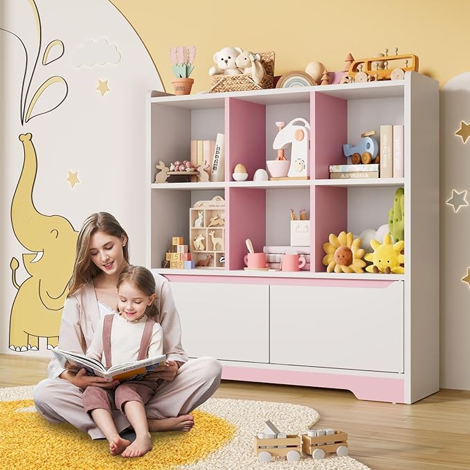 Kids Bookshelf and Toy Organizer, 2 Tier Kids Book Shelf for Kid Rooms with 2 Doors, 6 Cubes Storage Organizer,Wood Children Bookcase,Freestanding Toddler Book Display Shelf for Playroom WhitePink