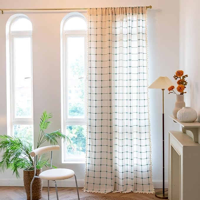 Deeprove Boho Curtains 96 Inches Long for Bedroom Living Room Nursery, Cotton Linen Plaids Beige Turquoise Teal Embroidery Bohemian Farmhouse Window Treatment Grids Drape Tassels, 1 Panel W52 x L96