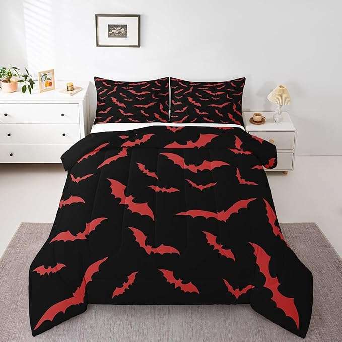 Erosebridal Bat Bedding Set Halloween Comforter Set with 1 Pillow Case Red Bats Animals Quilt Twin Size for Kids Boys Bedroom Holiday Gothic Spooky Style Quilt