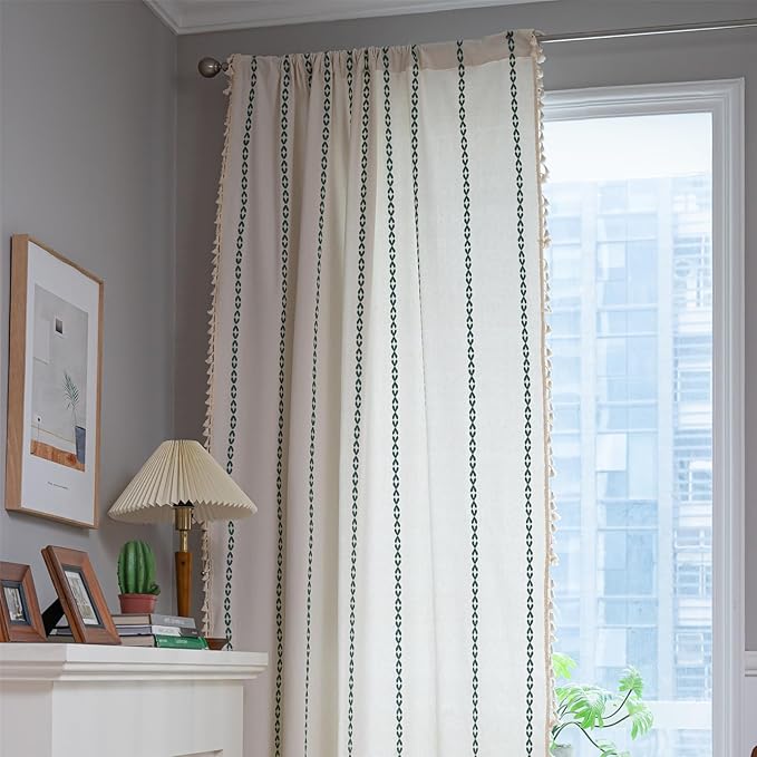 Deeprove Emerald Green Boho Curtains 96 inches Long for Bedroom Living Room, Vintage Bohemian Embroidery Cotton Striped Linen Country Tassel Window Treatments Christmas Decor, W52 x L96, 1 Panel