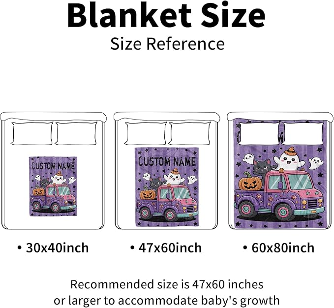 Personalized Halloween Blanket for Baby Girls, Custom Baby Blanket with Name, Ghost Pumpkin Truck Pattern Soft Minky Dot Blanket, Halloween Decor Christmas Birthday Gifts for Kids Toddlers