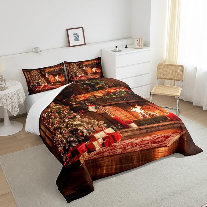 Xmas Theme Bedding Set Full Size, Vintage Christmas Fireplace Tree Comforter Set for Kids Boys Girls Room Decor, Merry Christmas Duvet Insert 3Pcs, Pine Tree Luxury Quilt Set, 2 Pillowcases