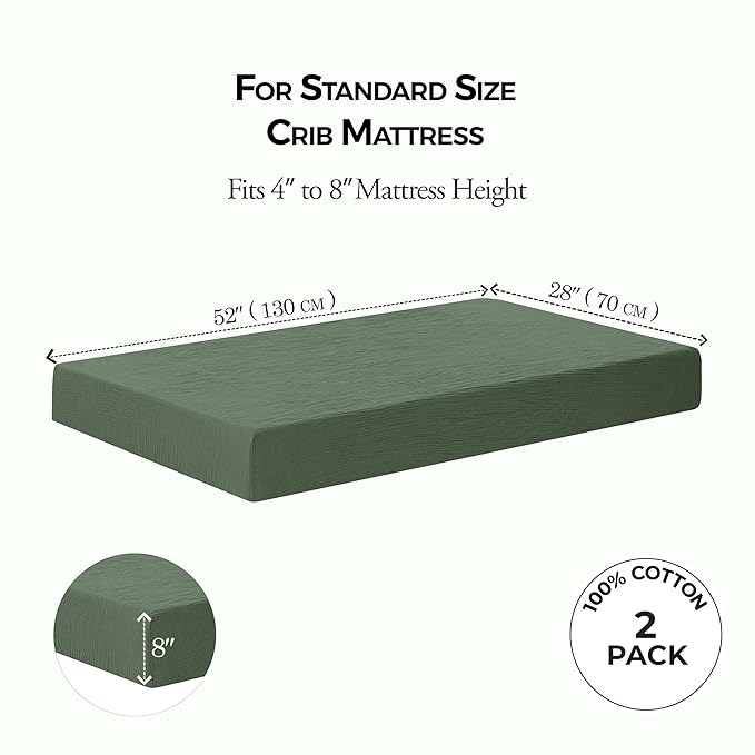 Dreamology Muslin Crib Sheets 2 Pack, 100% Cotton Crib Sheet Fitted, for Girls, Boys, Muslin Crib Sheet for Standard Crib, 52x28 Crib Mattress Sheets, Standard Crib Sheets | Green and Light Green