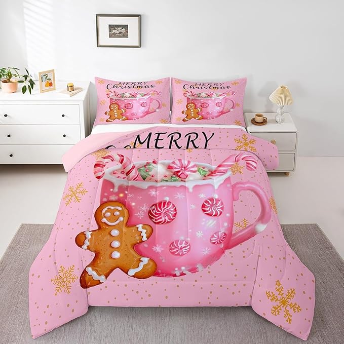 Erosebridal Merry Kids Twin Comforter Sets Christmas Decor Bedding Sets Pink Xmas Snowflake Down Comforter Dessert Gingerbread Man Bed Set for Boys Girls Teens