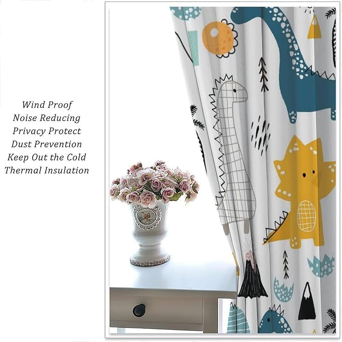 Dinosaur Curtains, Cartoon Dino Cute Safari Animal Print Pattern Blackout Window Treatments, Rod Pocket Thermal Insulated Drapes 2 Panel Sets for Kids Boys Bedroom Nursery Classroom, 42" W X 45" L