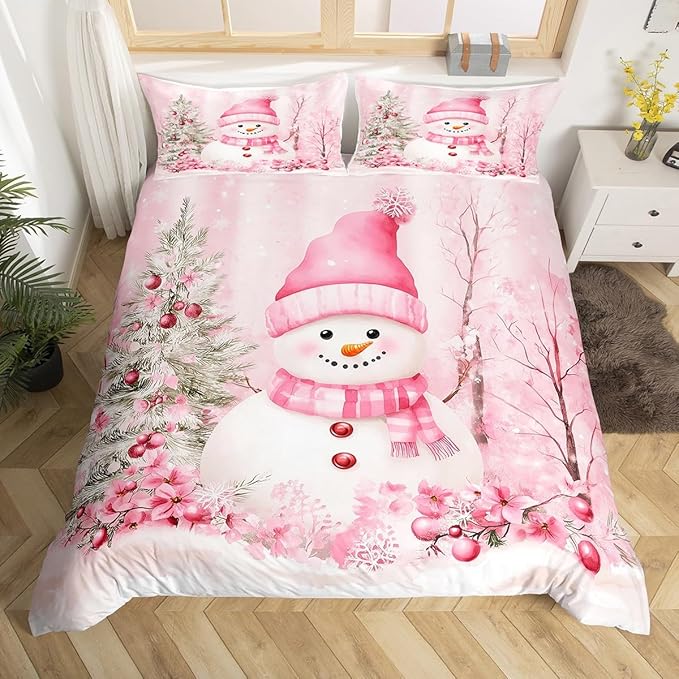 Manfei Christmas Kids Duvet Cover Set Queen Size, Cute Snowman Pink Flower Bedding Set for Boy Girl Room Decor, New Year Xmas Comforter Cover, Lightweight Bedspread Cover, 2 Pillowcases, No Comforter