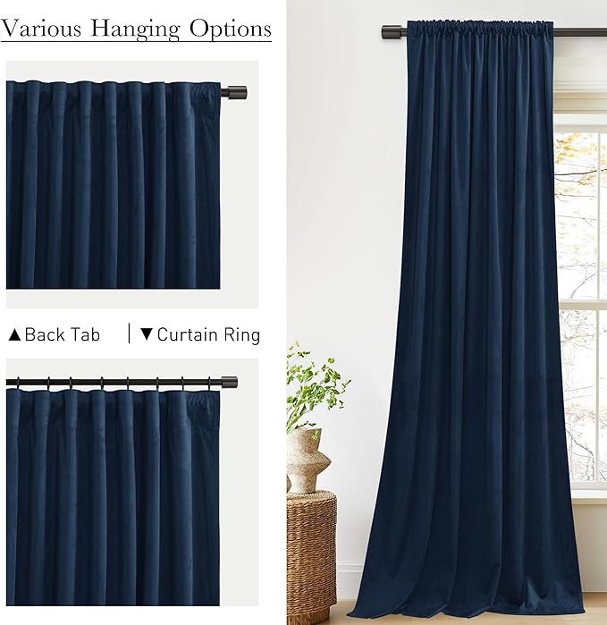 StangH Navy Blue Velvet Curtains - Luxury Home Decoration Back Tab Heat Blocking Privacy Room Dividers for Doorway/Sliding Glass Door, W52 x L90, 2 Panels
