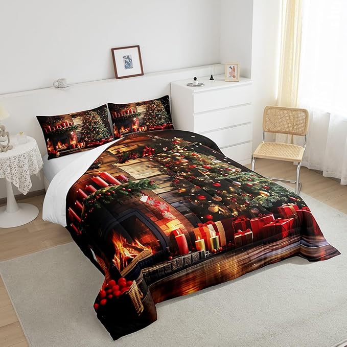 Merry Christmas Bedding Set Full Size,3D Christmas Fireplace Christmas Tree Comforter Set for Kids Boys Girls Room Decor,Xmas Theme Duvet Insert 3Pcs,Retro Wooden Stripes Quilt Set,2 Pillowcases