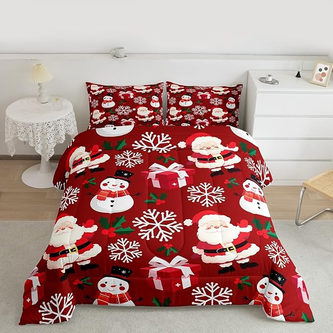 jejeloiu Merry Christmas Comforter Set Full Size Xmas Santa Claus Bedding Set for Kids Boys Girls Cute Snowman Duvet Quilt Red Bedroom Decor