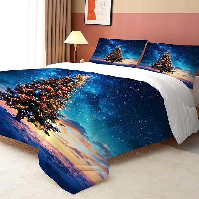 Christmas Tree Comforter Set Twin Size Galaxy Bedding for Kids Girls Teen Women Blue Xmas Holiday Space Bedroom Quilt Bed Sets, 1 Comforter 1 Pillowcase