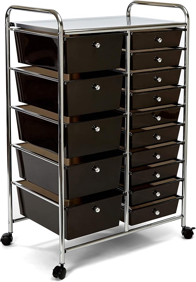 Seville Classics Rolling Utility Organizer Storage Cart , for Home Office, School, Classroom, Scrapbook, Hobby, Craft, 15 Drawer, Black