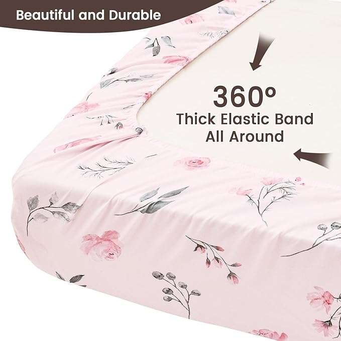PHF Soft Crib Sheet Fitted, 2 Pack Baby Sheets for Girls, 28x52x9in Fits Standard Crib and Toddler Mattresses, Silky Comfy Breathable Polyester Baby Mattress Sheets, Pink Floral
