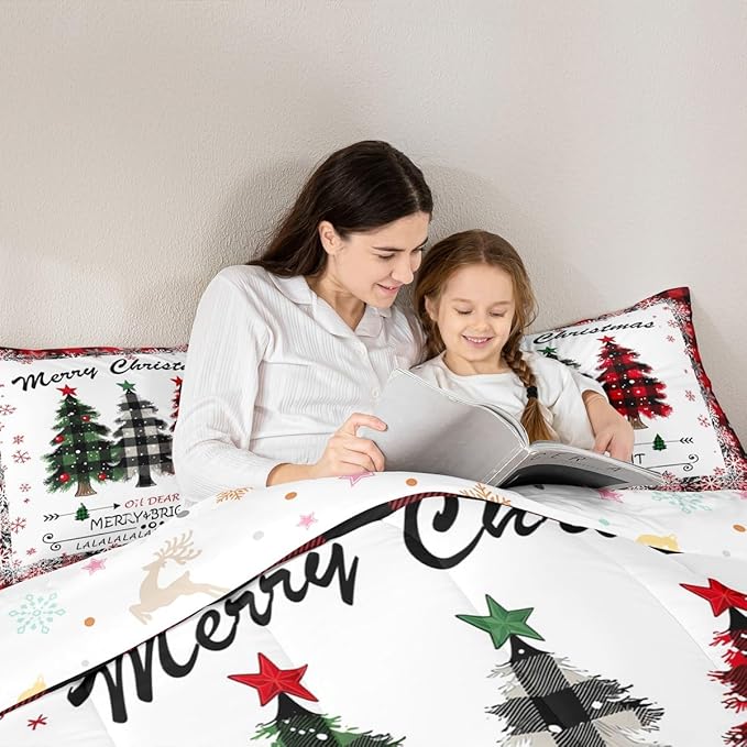 Christmas Comforter Set Full Size, Red Plaid Xmas Trees Bedding Set 3pcs , Winter Snowflake New Year Reversible Down Comforter for All Season, Kids Boys Girls Room Decor, 2 Pillowcases, No Sheets