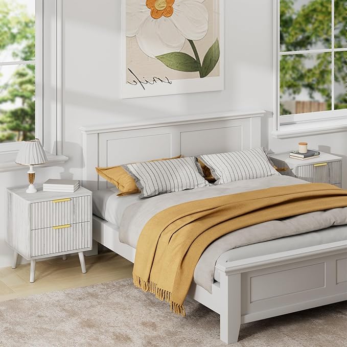 LYNSOM Fluted Dresser and Nightstand Sets 2 Piece, 2-Drawer Nightstands and 5-Drawers Dresser, Wood Bedroom Furniture Set for Home, Bedroom, Hallway, White