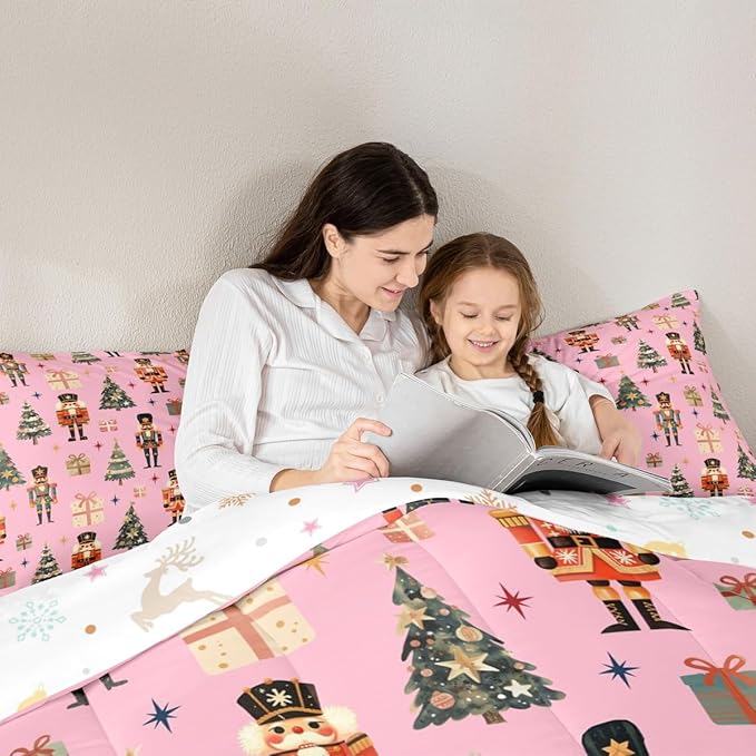jejeloiu Xmas Nutcracker Comforter Set Toddler Size Christmas Pink Bedding Set for Kids Boys Girls Cute Snowflakes Duvet Quilt Bedroom Decor
