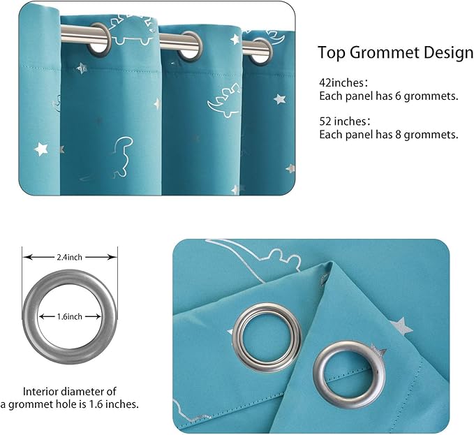 LORDTEX Dinosaur and Star Foil Print Blackout Curtains for Kids Room - Thermal Insulated Curtains Noise Reducing Window Drapes for Boys and Girls Bedroom, 42 x 63 Inch, Teal, Set of 2 Panels