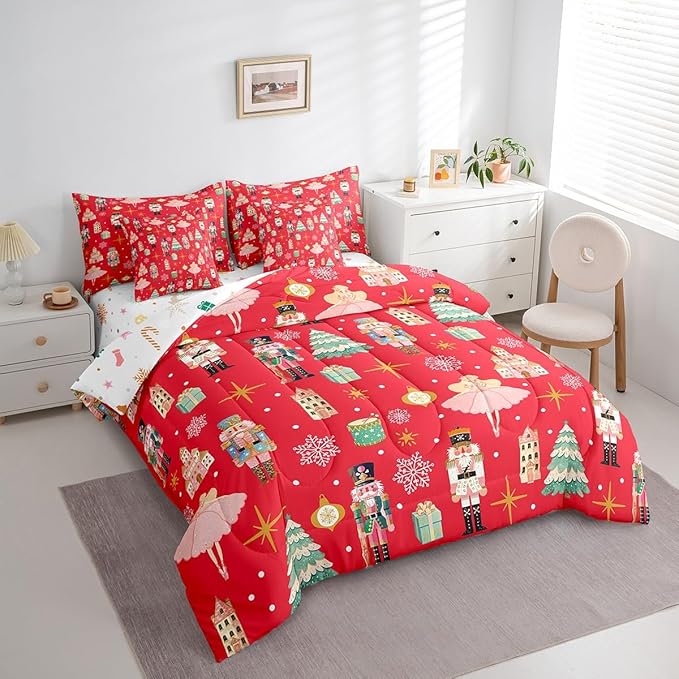 Erosebridal 7Pcs Red Christmas Comforter Set Full Size,Christmas Nutcracker Bedding Set,Girly Dreamy Princess Bed in A Bag,Xmas Pine Tree Snowflake Quilt with Flat Fitted Sheet,Red