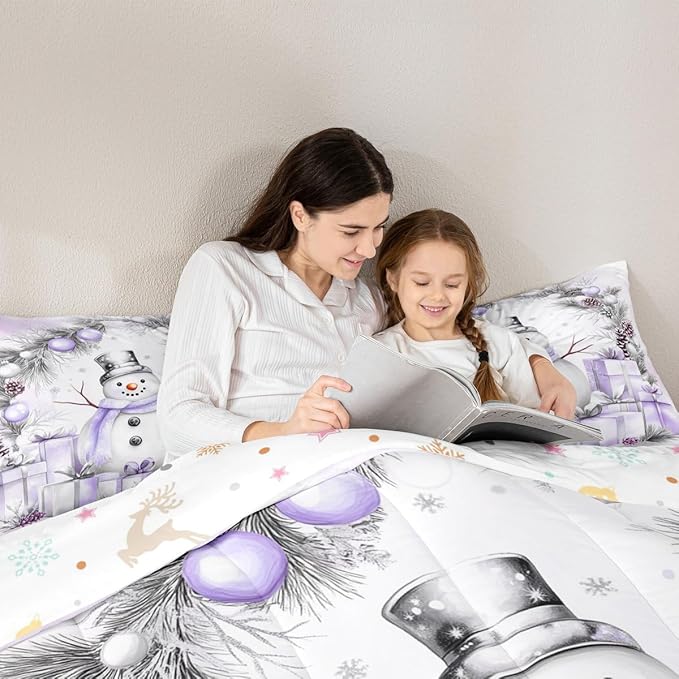 Feelyou Merry Christmas Bedding Set Soft for Boys Girls, Cute Snowman Comforter Set Full Size Duvet Quilt Microfiber Snowflake Bedroom Decor 3 Pcs with 2 Pillow Cases