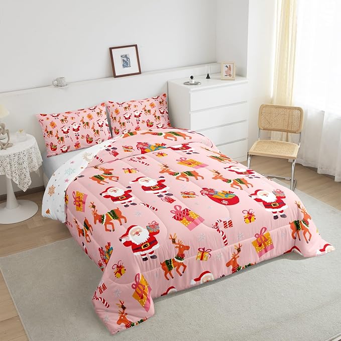Feelyou Christmas Bedding Set for Kids Boys Girls King Size Santa Claus Comforter Set Ultra Soft Xmas Deer Elk Decor Comforter Duvet Quilt Bedroom Decor Christmas Decor Quilt