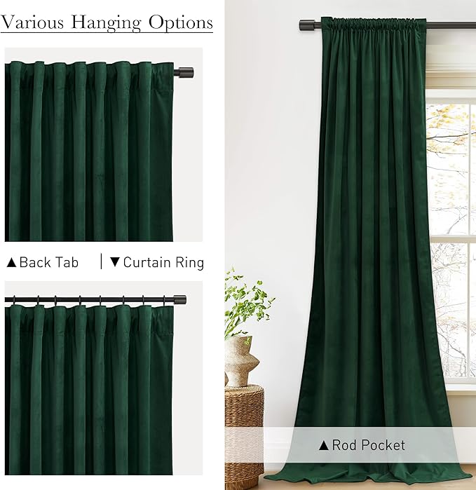 StangH Dark Green Curtains Velvet for Bedroom, Christmas Home Decoration Back Tab Rod Pocket Thermal Blackout Drapes for Villa Hall Sliding Door, Privacy Room Dividers, W52 x L108, 2 Panels