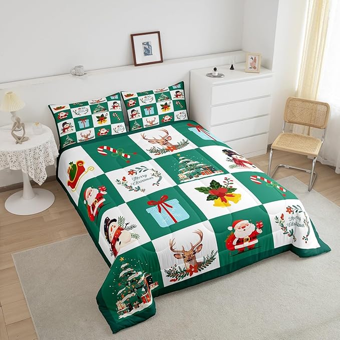 Erosebridal Merry Christmas Quilt Twin Size for Kids Teens Santa Claus Xmas Tree Bedding Set Cartoon Deer Snowman Comforter Set with 1 Pillow Case