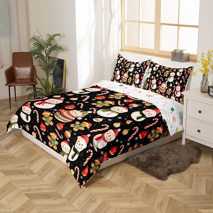 Feelyou Merry Christmas Duvet Cover Twin Size Gingerbread Man Snowman Comforter Cover for Boys Girls Candy Cane Bell Xmas Decor Bedding Set 2Pcs Reversible Xmas Decor Room Decor