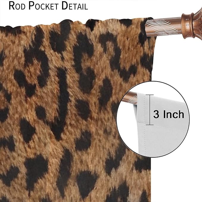 Leopard Print Window Curtains, Animal Fur Skin Brown Farmhouse Wild 3D Rustic Safari Theme Window Treatments for Kids Bedroom Living Room 42" W X 63" L