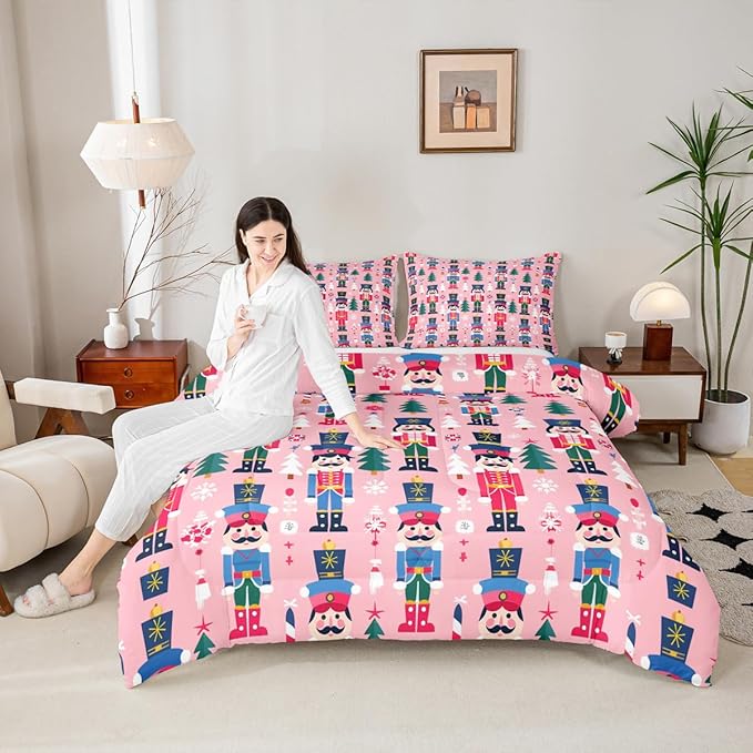 Feelyou Cute Nutcracker Kids Comforter Set Toddler Christmas Tree Bedding Set Xmas Snowflake Duvet Quilt for Kids Boys Girls Bedroom Colorful Soldier Decor Candy-Cane Designs Soft Breathable