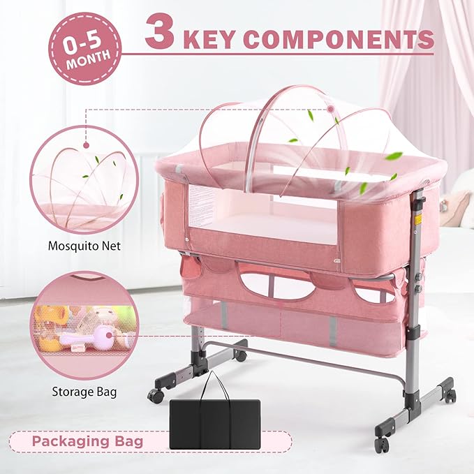 Ihoming Baby Bassinet Bedside Sleeper, Baby Bed Side Crib with Storage Basket, Easy Folding Bassinets, Adjustable Baby Bed for Infant Newborn, Pink