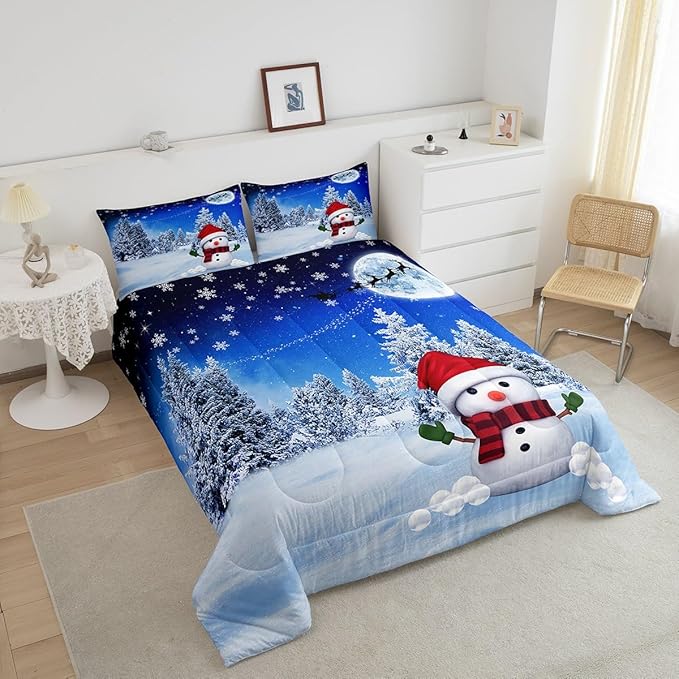 Feelyou Christmas Twin Size Comforter Set Snowman Decorations Bedding Set for Kids Boys Girls Xmas Winter Decor Blue Quilt Room 2Pcs