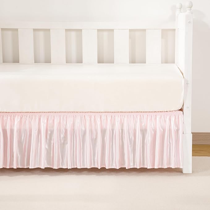 Blush Pink Satin Crib Bed Skirt, 52" x 28" with 14" Drop Silky Soft Baby Crib Skirt for Baby Girls or Boys, Fit for Standard Crib & Toddler Bedding