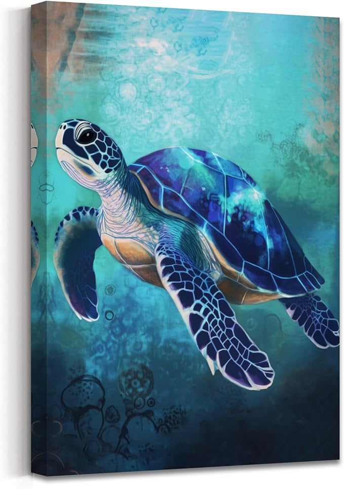 AWPANERAR Sea Turtle Wall Art Bathroom Pictures Watercolor Sea Life Canvas Prints Ocean Animal Poster Nautical Theme Artwork for Kids Room Nursery Decor Framed (Blue, (24L x 16W))