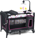 BABY JOY 4 in 1 Pink Pack and Play, Baby Bedside Sleeper with Bassinet, 3 Adjustable Heights, Music Box, Easy to Install, Foldable Bedside Crib w/Changing Table, Playards from Newborn to Toddlers Rose