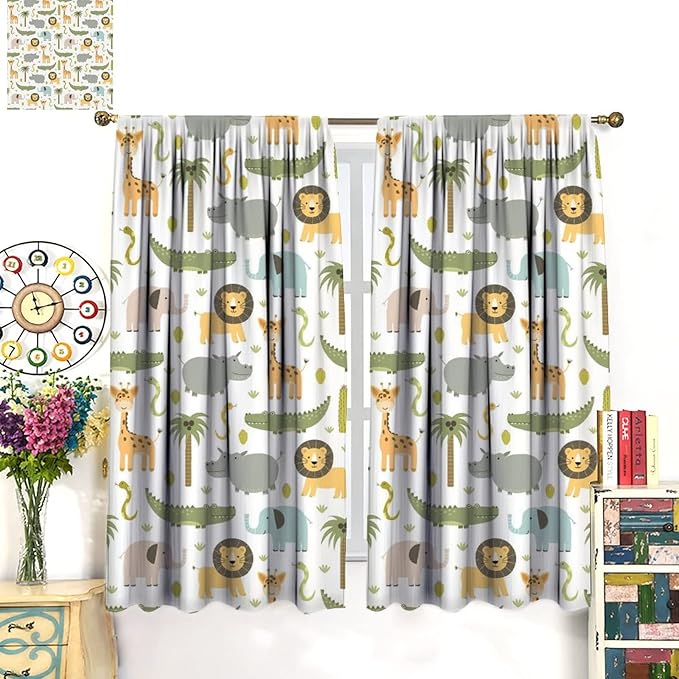 Nursery Safari Animals Window Curtains,Cartoon Woodland Jungle Forest Lion Elephant Giraffe Printed Pattern Blackout Drapes for Living Room Baby Boy Kids Bedroom 42x45 Inch