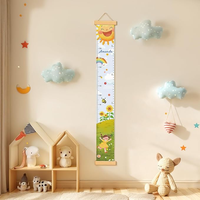 Personalized Name Growth Chart Wall Decor for Kids – Canvas Removable Height Chart Measuring Ruler 59" x 7.9" (Sun Sunflower)