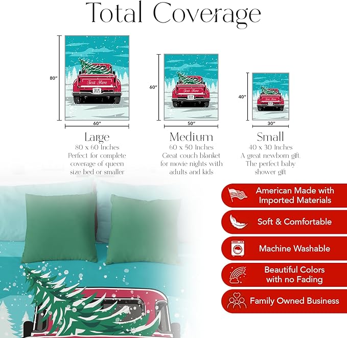 Personalized Christmas Blanket, Vintage Red Truck and Tree - Ships Next Day, Printed in USA - Warm Fleece or Sherpa Sofa Throw, Cute Holiday Décor - Customizable Family Throws (Fleece 60x80)