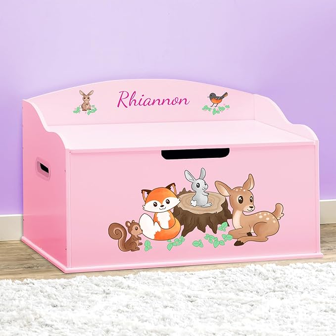 DIBSIES Personalized Creative Wonders Toy Box, Woodland Creatures, 30 x 19.25 x 18 inches, Soft-Close Lid (Pink)