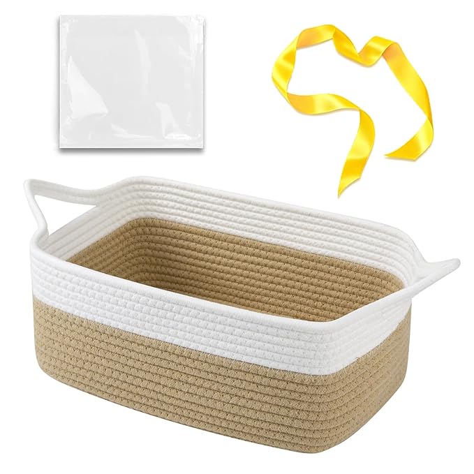OIAHOMY Small Woven Rope Basket with Gift Bags and Ribbons, Gift basket Empty for Baby shower Birthday, Halloween, Christmas, Cute Cat Ear Handles for Shelf Living Room Bathroom, Grey & White